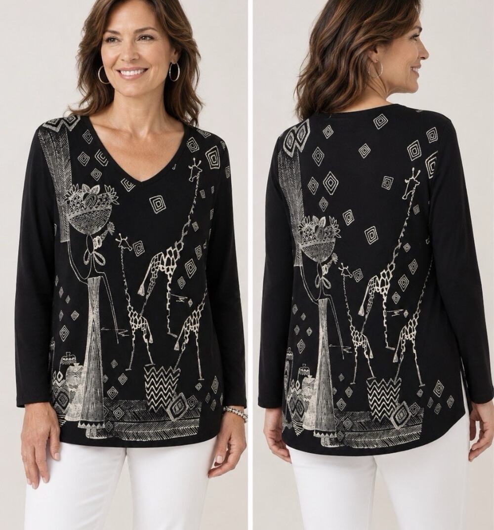 Chico's Slink Knit Black Tunic Women Sz 3, XL Giraffe Graphic
